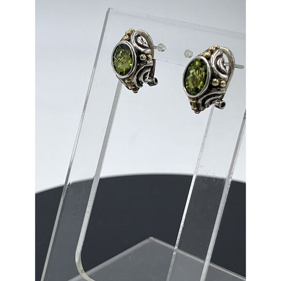 BJC Samuel Benham Sterling Silver Sign 14k Gold Oval Peridot Stud Omega Earrings - Picture 7 of 16